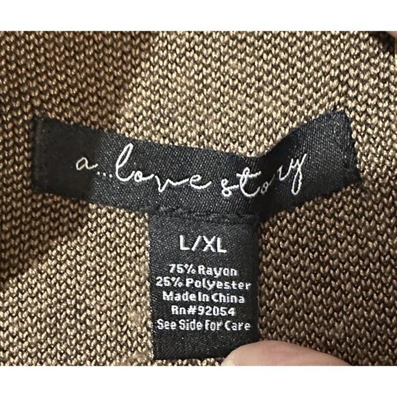 A Love Story Sweater L/XL Tan Black Striped Sleeve Mock Neck Oversized Knit Top - Picture 4 of 7